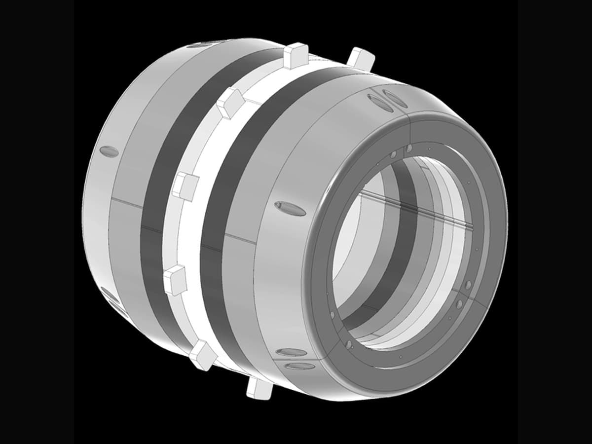 CAD render of the MRI4ALL scanner's magnet assembly: stacked rings around the bore, seen from the front